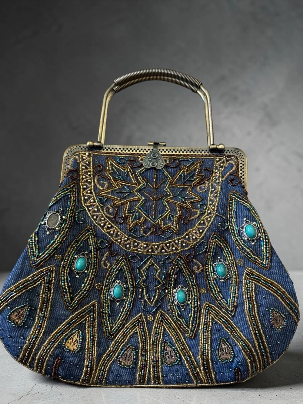 Vintage Beaded Evening Bag Blue Jeweled Frame Purse Art Deco Boho Statement Hbag - Picture 1 of 7